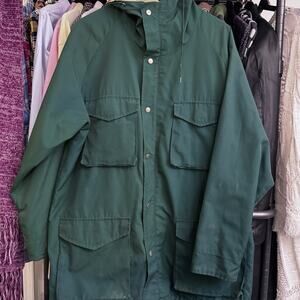 Vintage DownEast Windbreaker Men's L Green Chore Coat Camping Hiking Jacket Hood